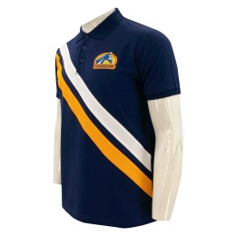 Professional Custom Short Sleeve Polo Design Hem Side Slits Embroidered Badge Logo Contrasting Yellow and White Stripes P1347 Professional Custom Short Sleeve Polo Design Hem Side Slits Embroidered Badge Logo Contrasting Yellow and White Stripes P1347